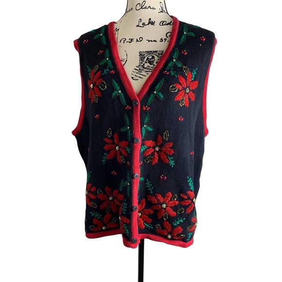 Vintage Bobbie Brooks Christmas Vest XL Beaded and Embroidered Festive Holiday - Picture 1 of 11